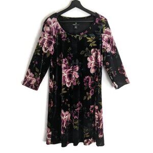 Vintage Velour Sheath Dress Tag sz 10 Black Floral Goth Grunge Whimsigoth Y2K